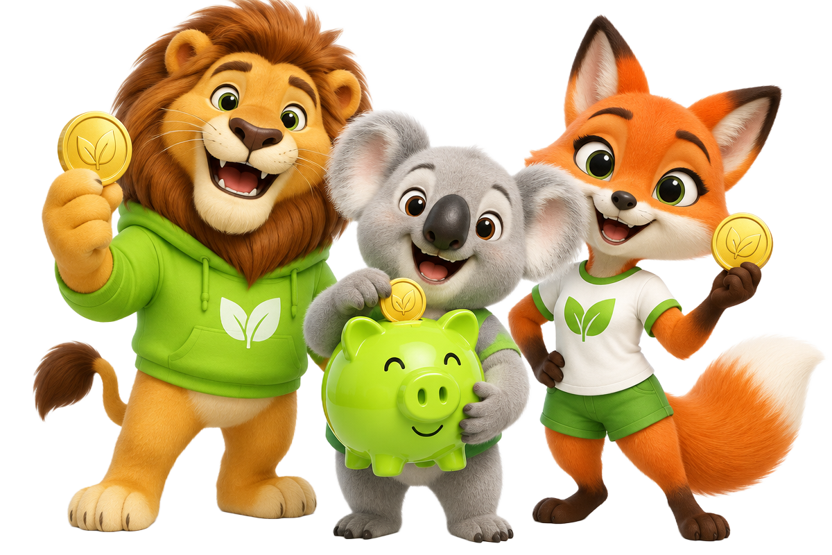 Mascotes da Hicash: leão, coala e raposa com cofrinho e moedas